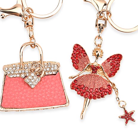 Set of 2 Austrian Crystal Sparkling Ballet Girl & Handbag Keychains- Charms - Pink