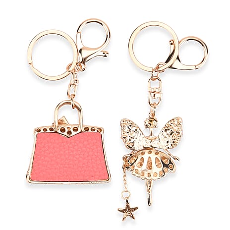 Set of 2 Austrian Crystal Sparkling Ballet Girl & Handbag Keychains- Charms - Pink