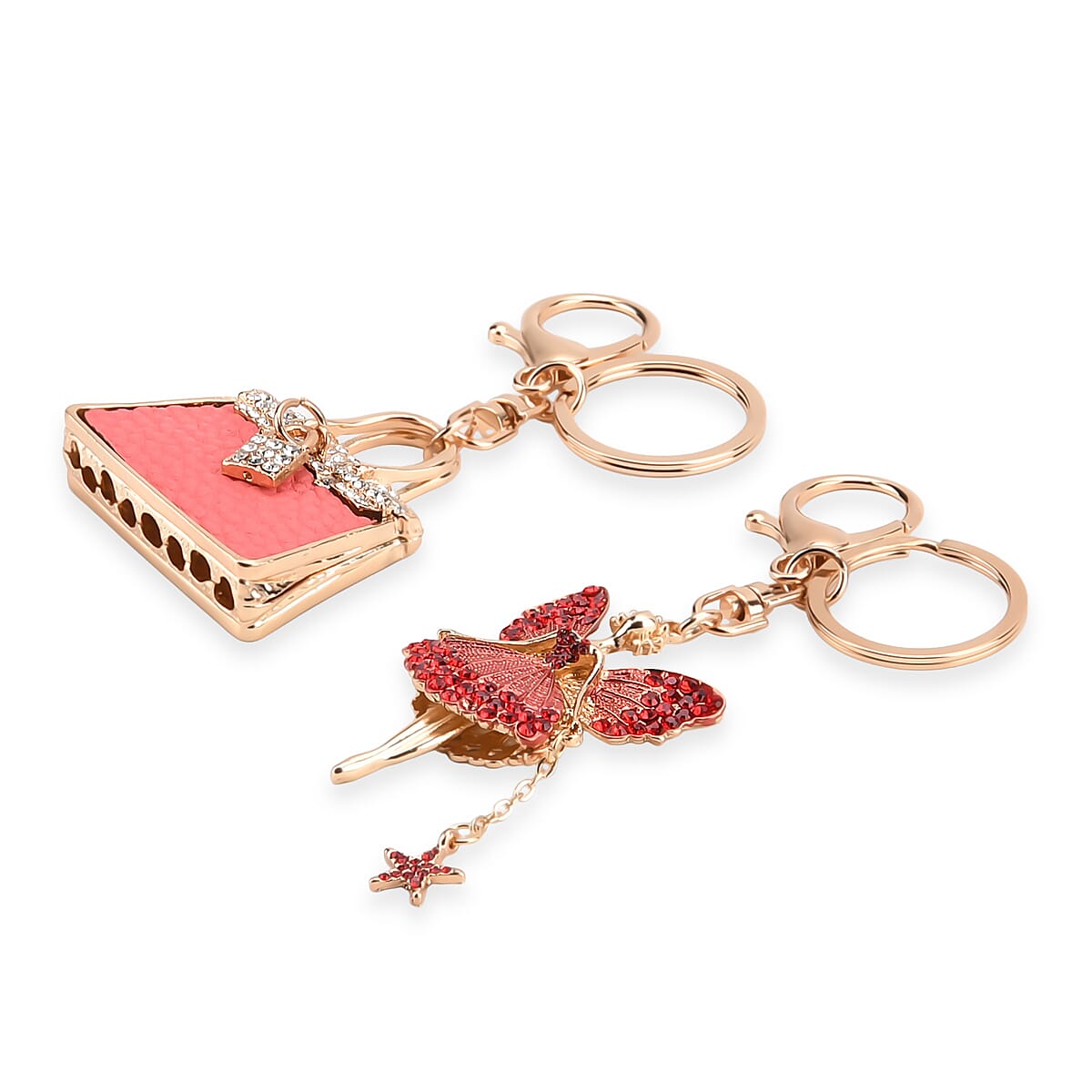 Set of 2 Austrian Crystal Sparkling Ballet Girl & Handbag Keychains- Charms - Pink