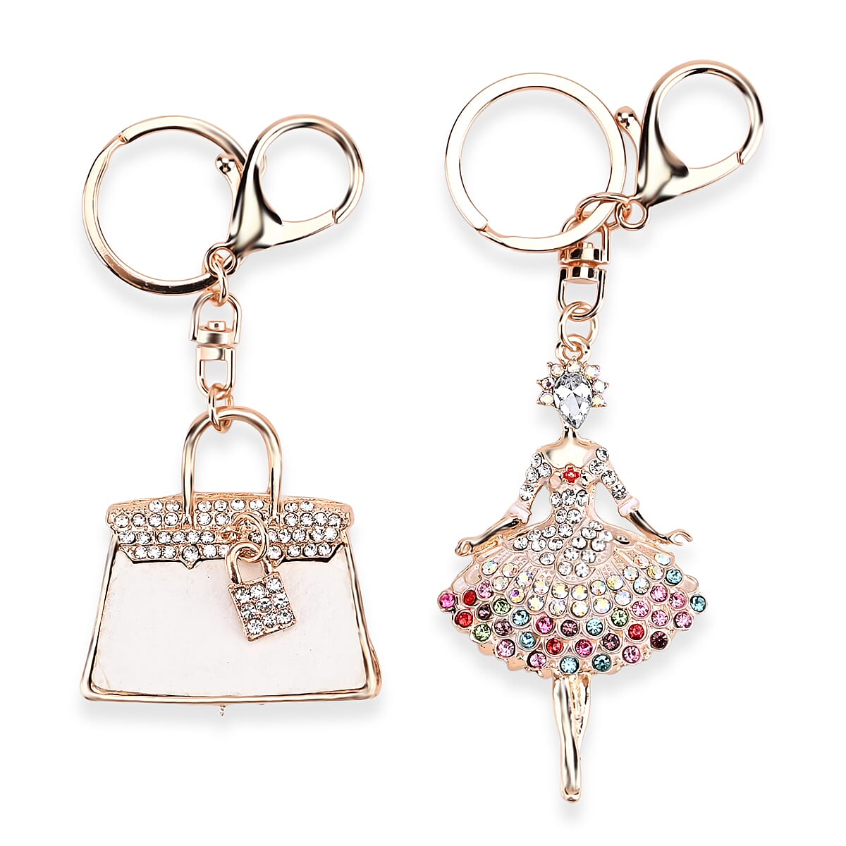 Set of 2 Austrian Crystal Sparkling Ballet Girl & Handbag Keychains- Charms - White