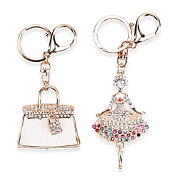 Set of 2 Austrian Crystal Sparkling Ballet Girl & Handbag Keychains- Charms - White
