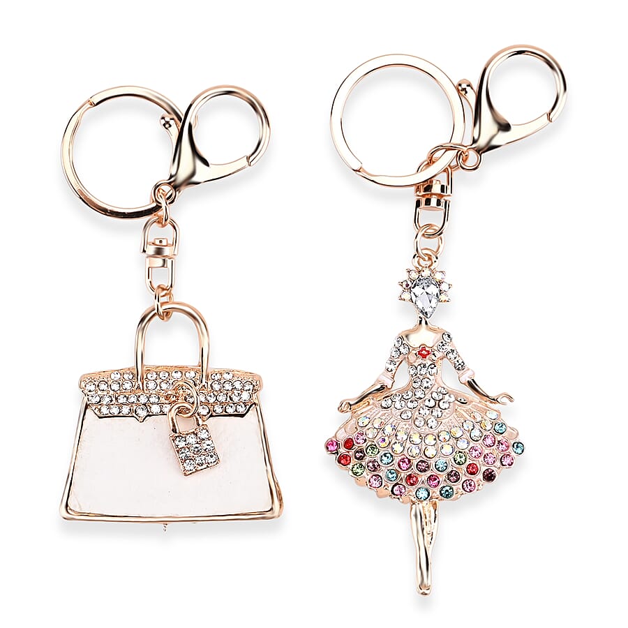 Set of 2 Austrian Crystal Sparkling Ballet Girl & Handbag Keychains- Charms - White
