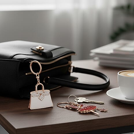 Set of 2 Austrian Crystal Sparkling Ballet Girl & Handbag Keychains- Charms - White