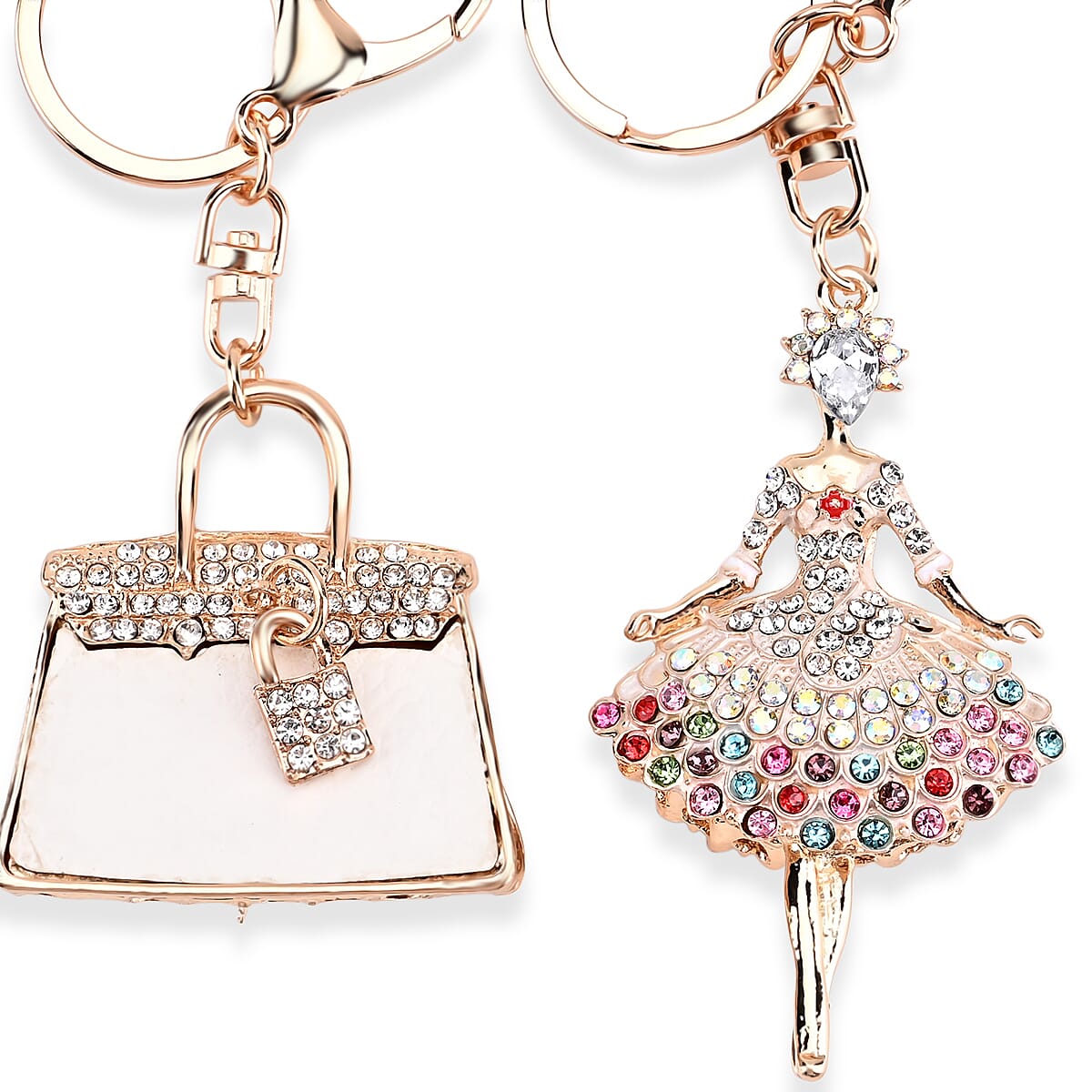 Set of 2 Austrian Crystal Sparkling Ballet Girl & Handbag Keychains- Charms - White