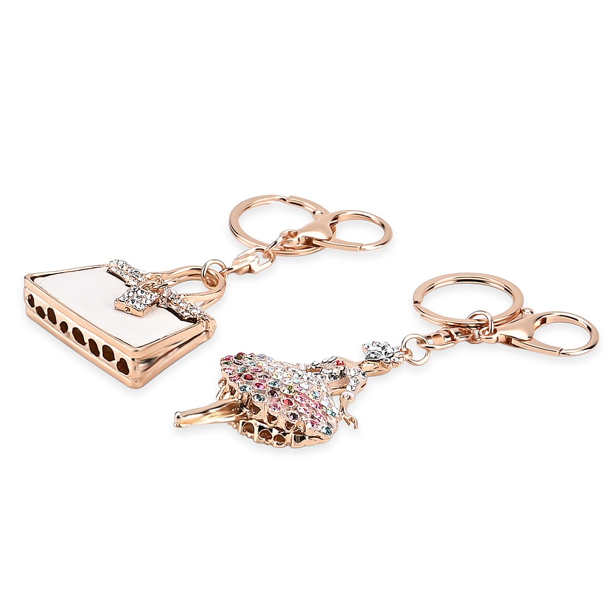Set of 2 Austrian Crystal Sparkling Ballet Girl & Handbag Keychains- Charms - White