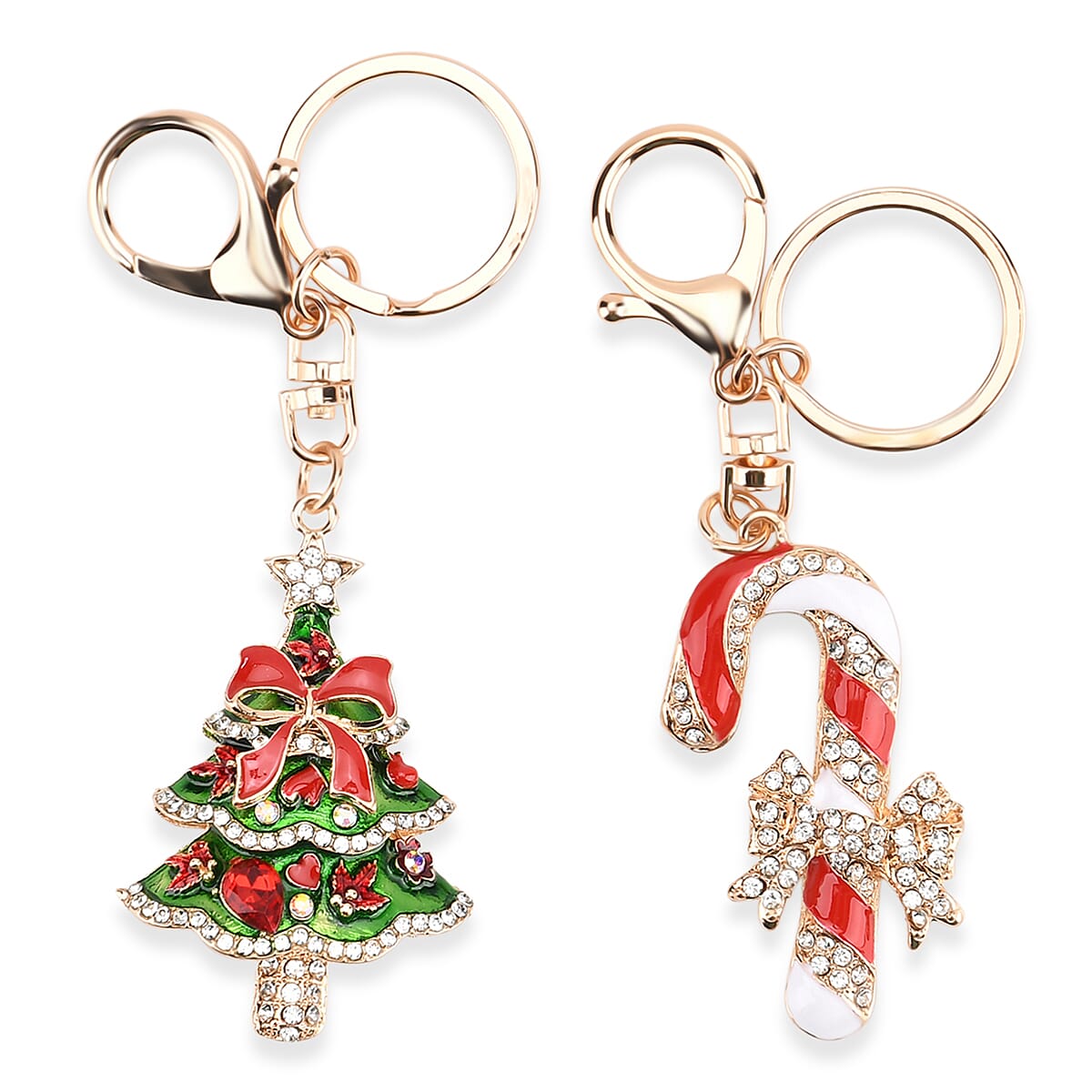 Set of 2 Enammelled & Austrian Crystal KeyChains in Yellow Gold Tone - Candy Cane & Christmas Tree