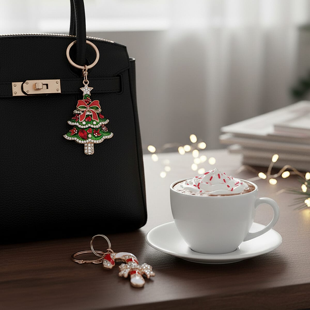 Set of 2 Enammelled & Austrian Crystal KeyChains in Yellow Gold Tone - Candy Cane & Christmas Tree