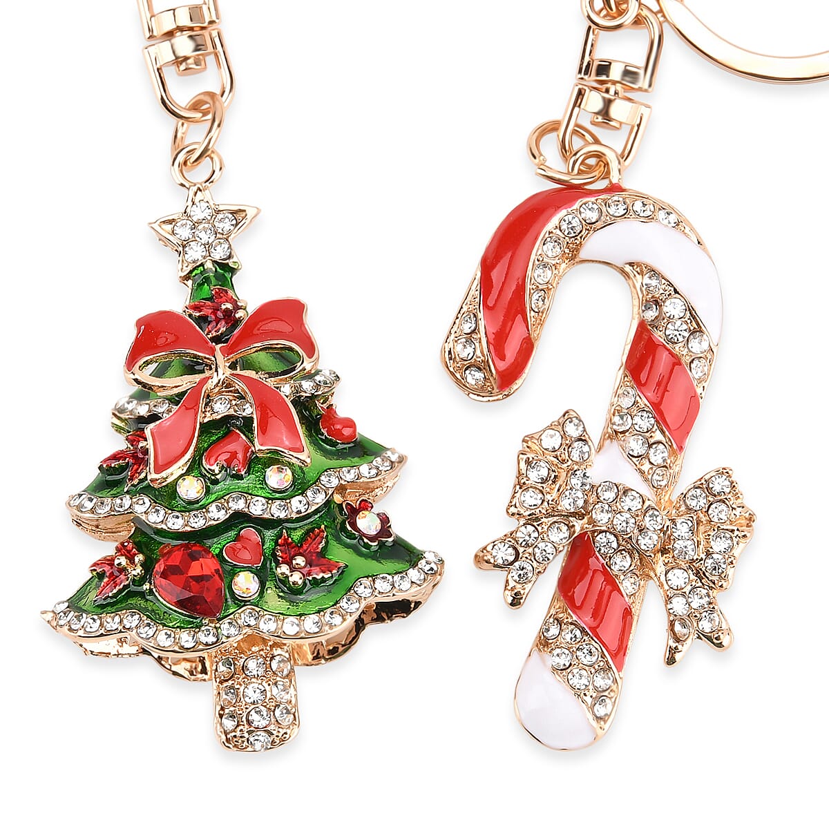 Set of 2 Enammelled & Austrian Crystal KeyChains in Yellow Gold Tone - Candy Cane & Christmas Tree