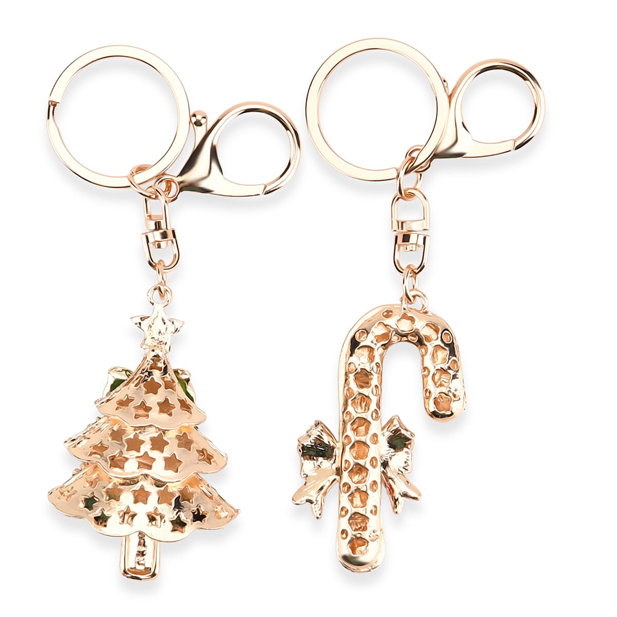 Set of 2 Enammelled & Austrian Crystal KeyChains in Yellow Gold Tone - Candy Cane & Christmas Tree