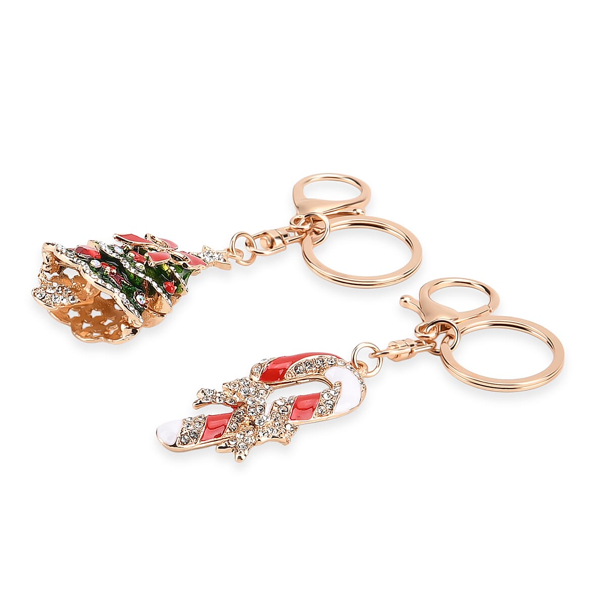 Set of 2 Enammelled & Austrian Crystal KeyChains in Yellow Gold Tone - Candy Cane & Christmas Tree