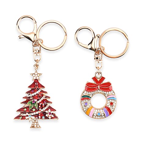 Set of 2 Enammelled & Austrian Crystal Key Chains in Yellow Gold Tone - Wreath & Christmas Tree