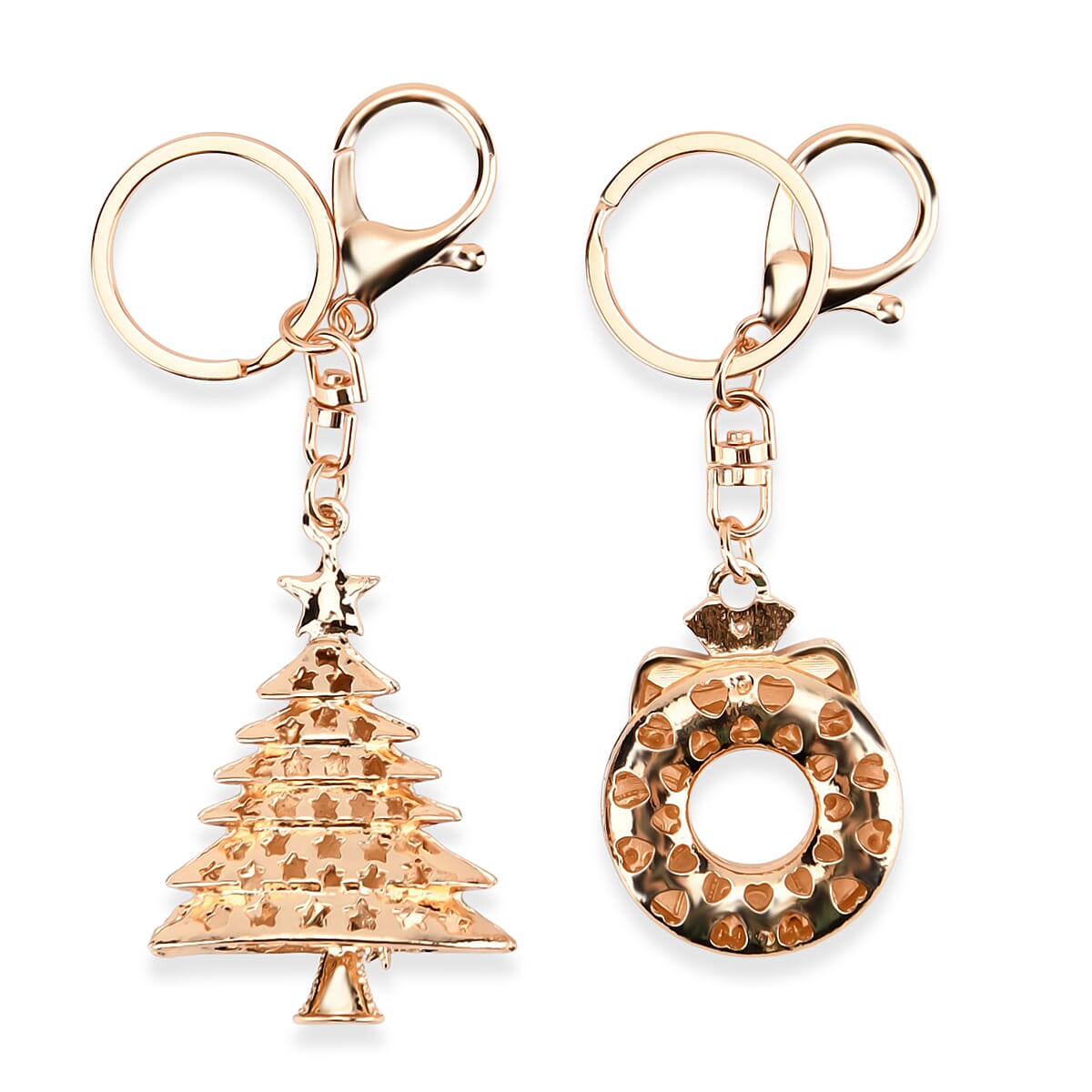 Set of 2 Enammelled & Austrian Crystal Key Chains in Yellow Gold Tone - Wreath & Christmas Tree