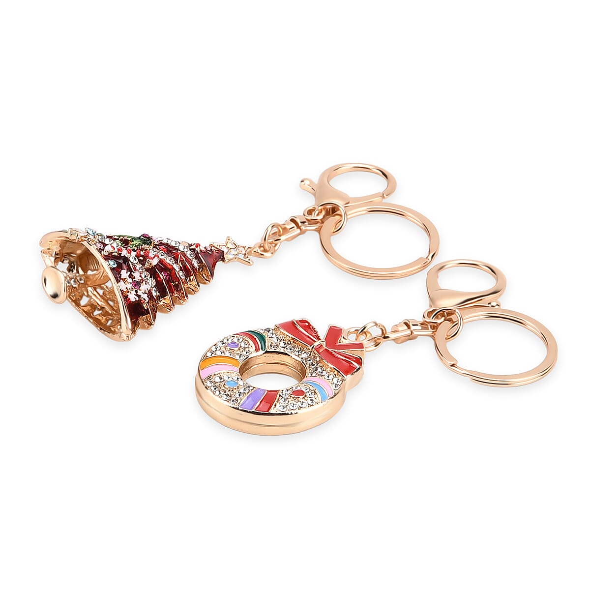 Set of 2 Enammelled & Austrian Crystal Key Chains in Yellow Gold Tone - Wreath & Christmas Tree
