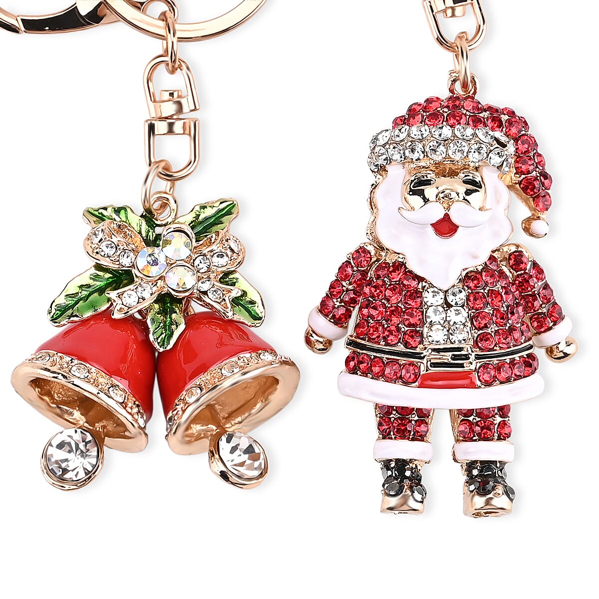 Set of 2 Enammelled & Austrian Crystal Key Chains in Yellow Gold Tone - Bells & Santa Claus