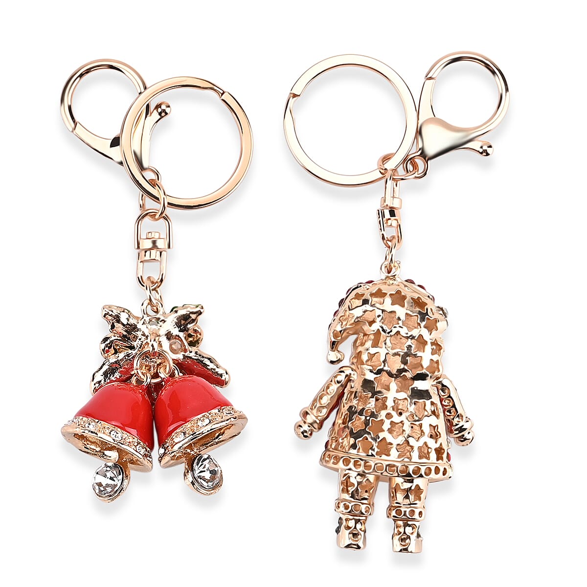 Set of 2 Enammelled & Austrian Crystal Key Chains in Yellow Gold Tone - Bells & Santa Claus