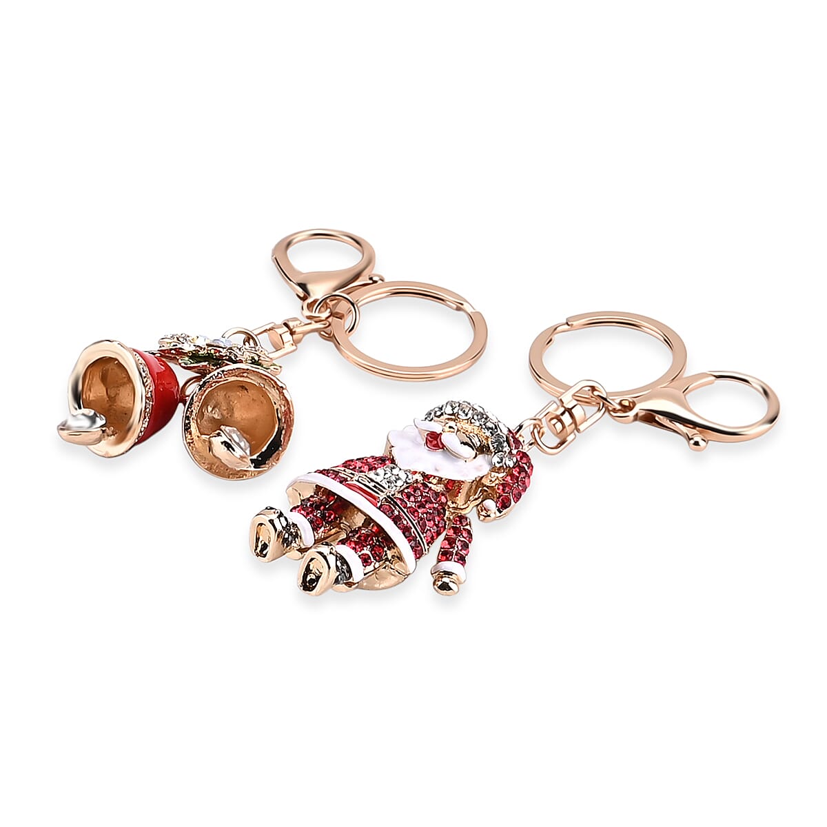 Set of 2 Enammelled & Austrian Crystal Key Chains in Yellow Gold Tone - Bells & Santa Claus