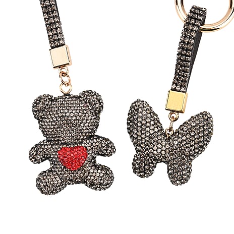 Designer Inspired - Set of 2 Sparkling Bear & Butterfly Keychain-Bag Charm - Black