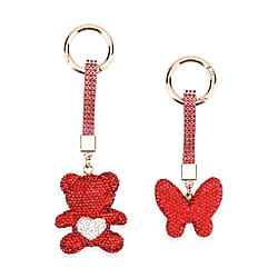 Designer Inspired - Set of 2 Sparkling Bear and Butterfly Keychain-Bag Charm - Red