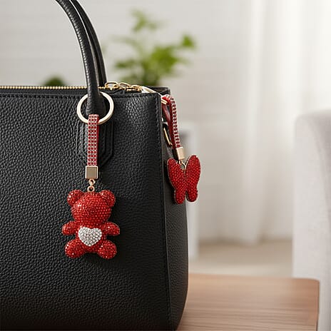Designer Inspired - Set of 2 Sparkling Bear & Butterfly Keychain-Bag Charm - Red