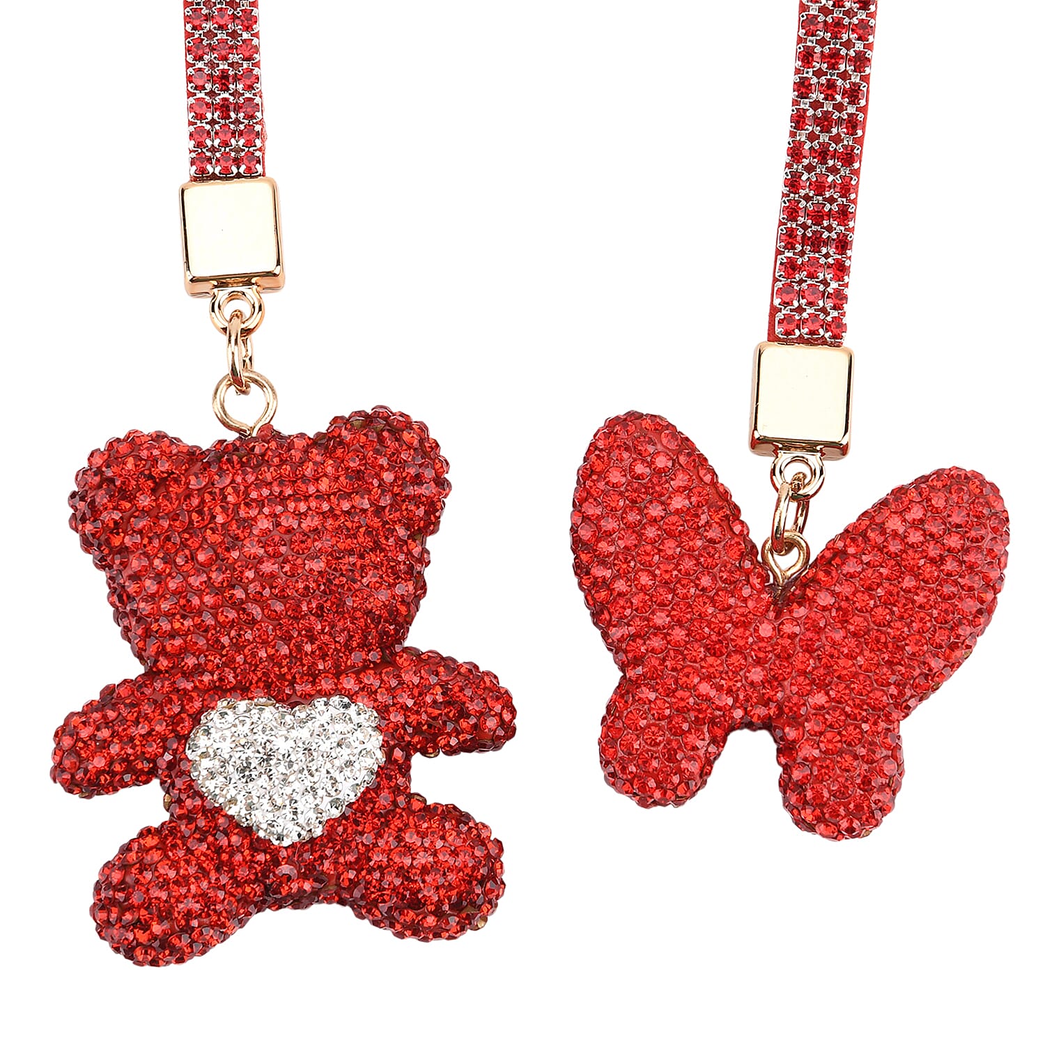 Designer Inspired - Set of 2 Sparkling Bear & Butterfly Keychain-Bag Charm - Red