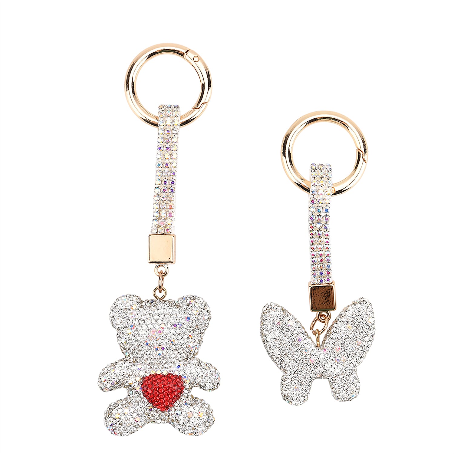 Designer Inspired - Set of 2 Sparkling Bear & Butterfly Keychain-Bag Charm - Silver