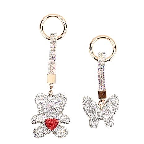 Designer Inspired - Set of 2 Sparkling Bear & Butterfly Keychain-Bag Charm - Silver