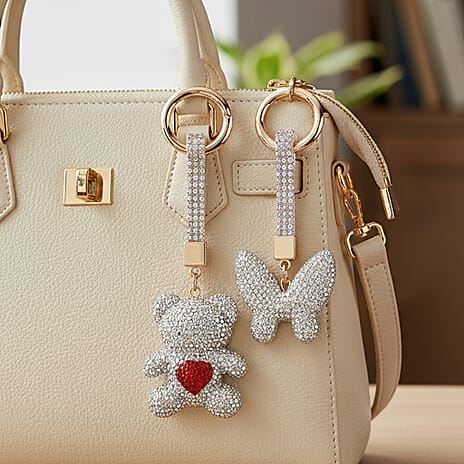 Designer Inspired - Set of 2 Sparkling Bear & Butterfly Keychain-Bag Charm - Silver