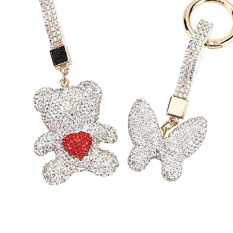 Designer Inspired - Set of 2 Sparkling Bear & Butterfly Keychain-Bag Charm - Silver