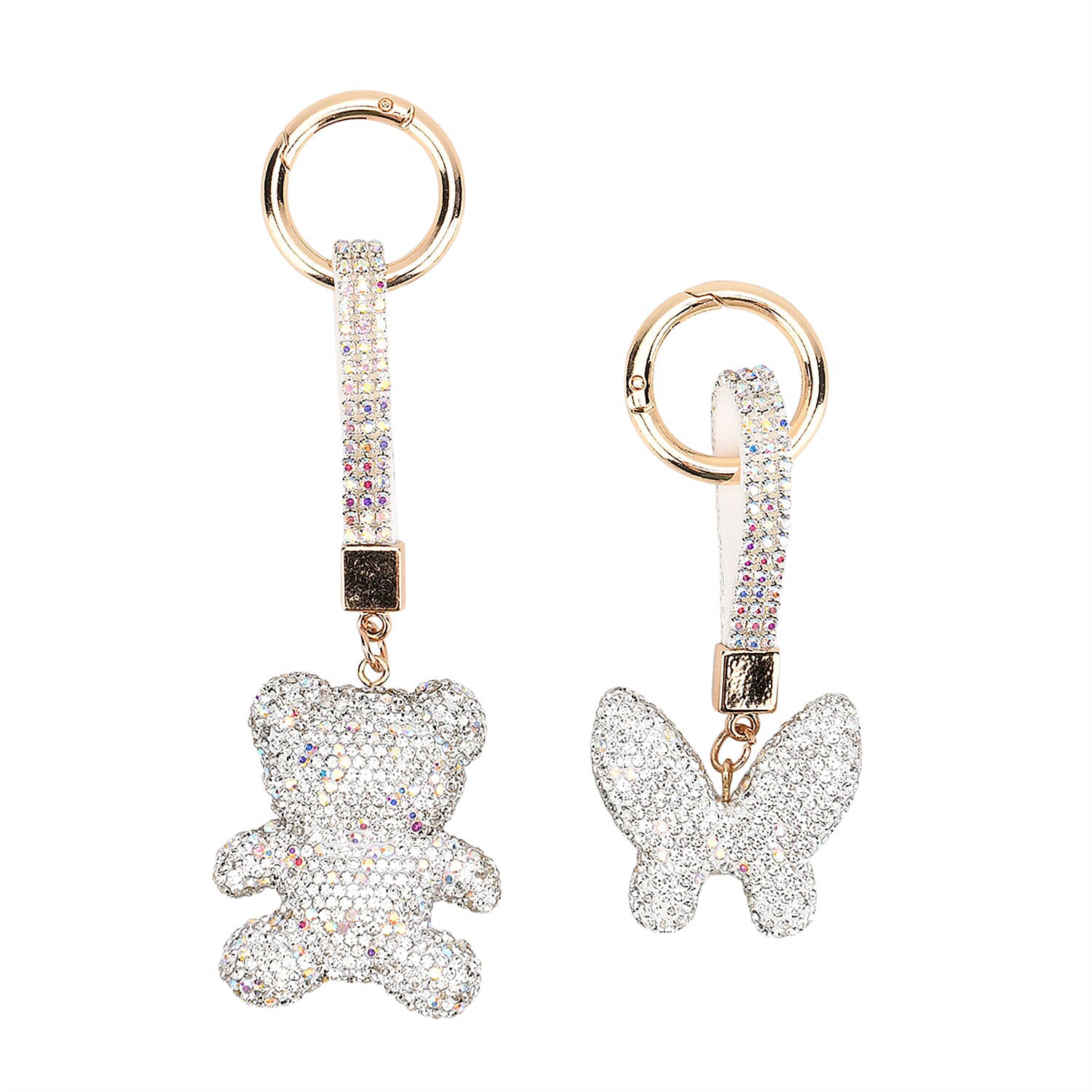 Designer Inspired - Set of 2 Sparkling Bear & Butterfly Keychain-Bag Charm - Silver