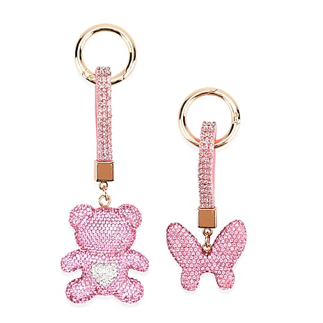 Designer Inspired - Set of 2 Sparkling Bear & Butterfly Keychain-Bag Charm - Pink