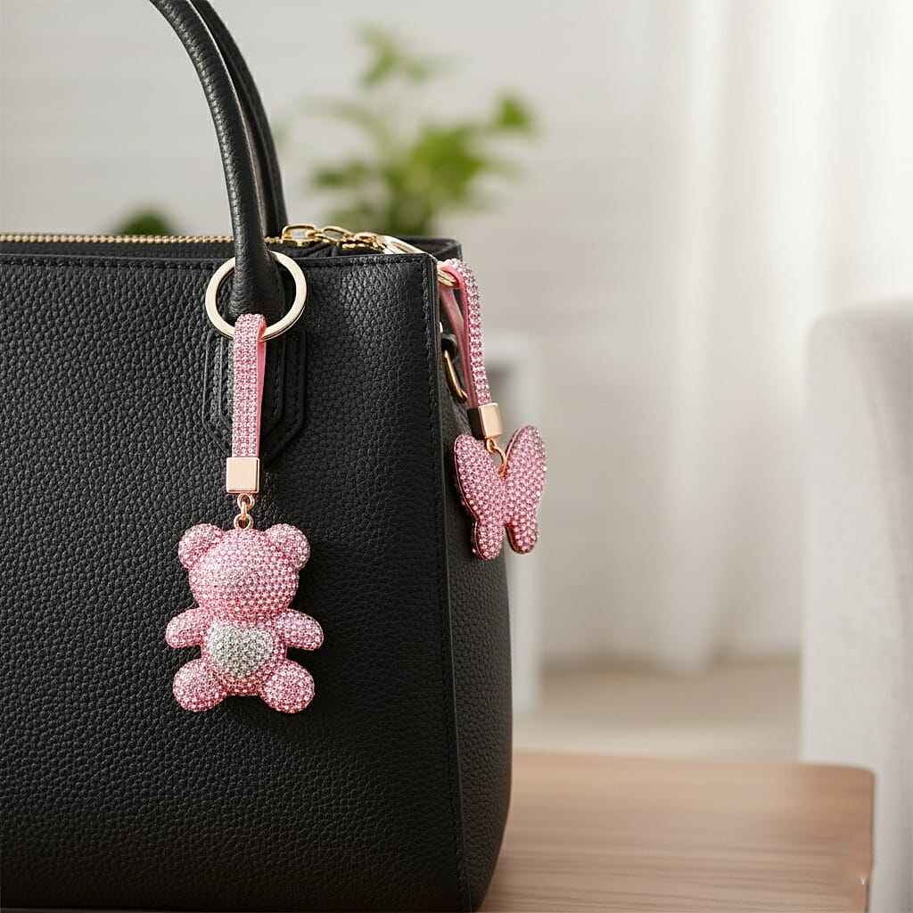 Designer Inspired - Set of 2 Sparkling Bear & Butterfly Keychain-Bag Charm - Pink