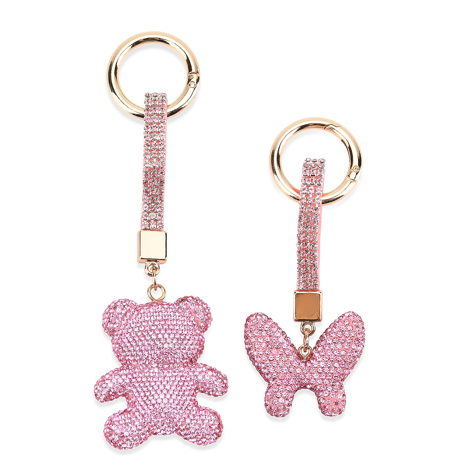 Designer Inspired - Set of 2 Sparkling Bear & Butterfly Keychain-Bag Charm - Pink