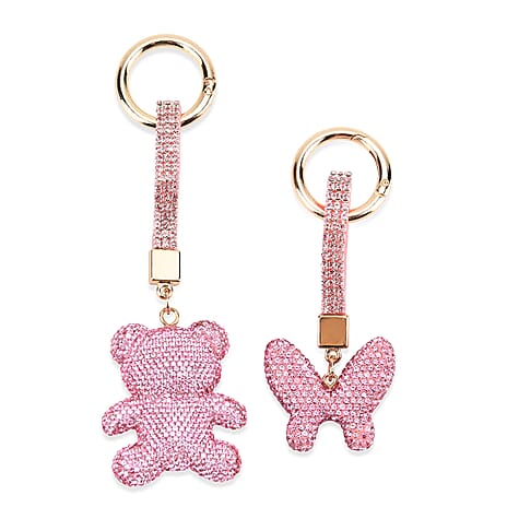 Designer Inspired - Set of 2 Sparkling Bear & Butterfly Keychain-Bag Charm - Pink