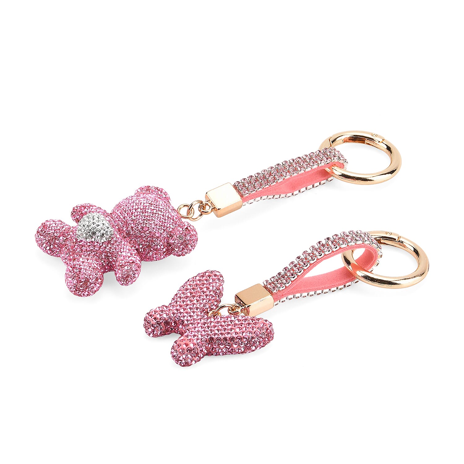 Designer Inspired - Set of 2 Sparkling Bear & Butterfly Keychain-Bag Charm - Pink