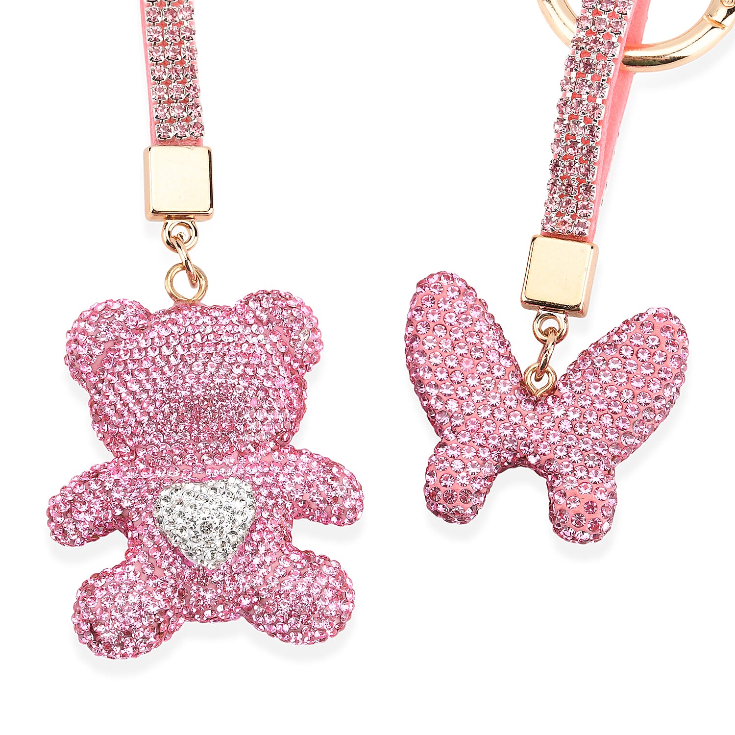 Designer Inspired - Set of 2 Sparkling Bear & Butterfly Keychain-Bag Charm - Pink