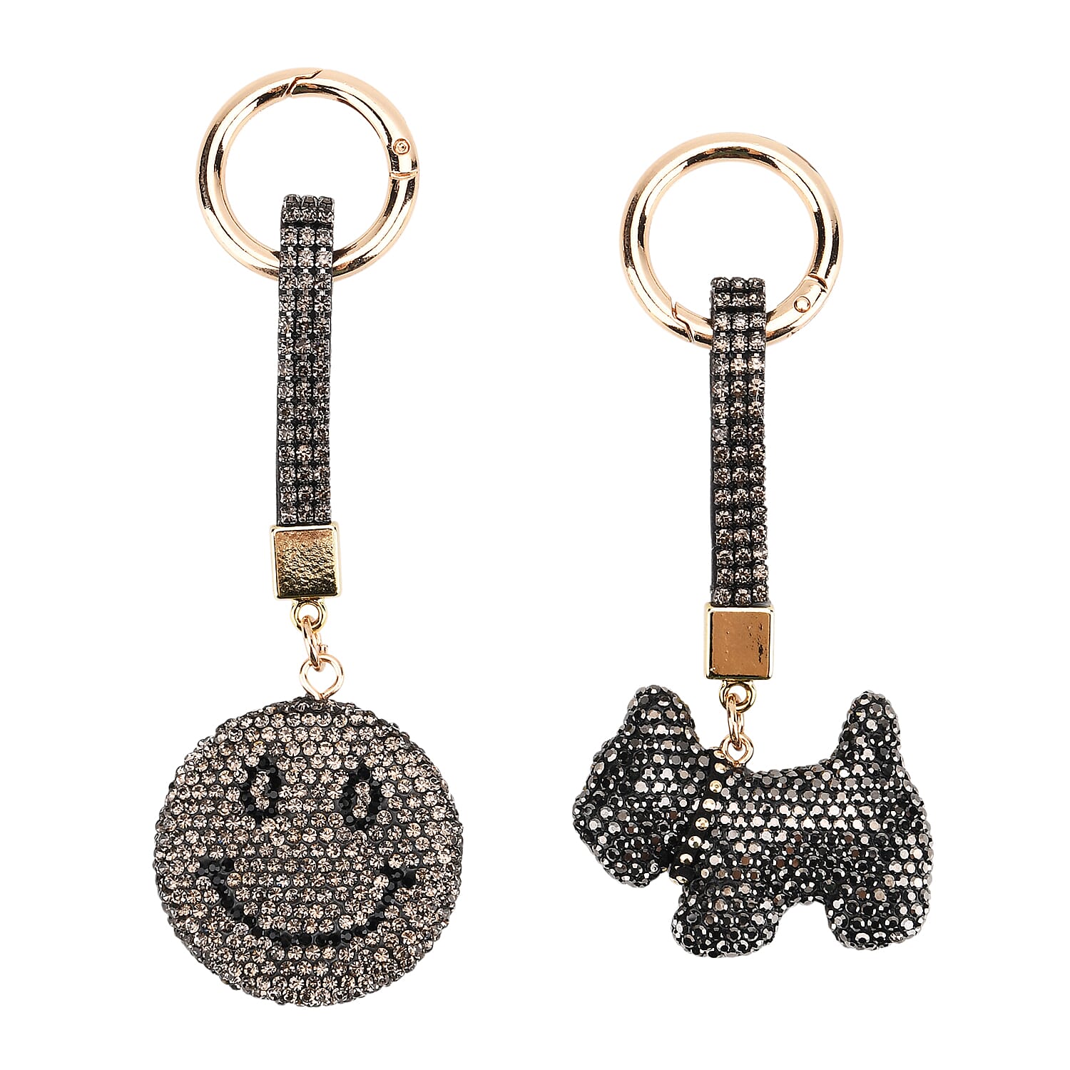 Designer Inspired - Set of 2 Sparkling Dog & Smiling Face Keychain-Bag Charm - Black