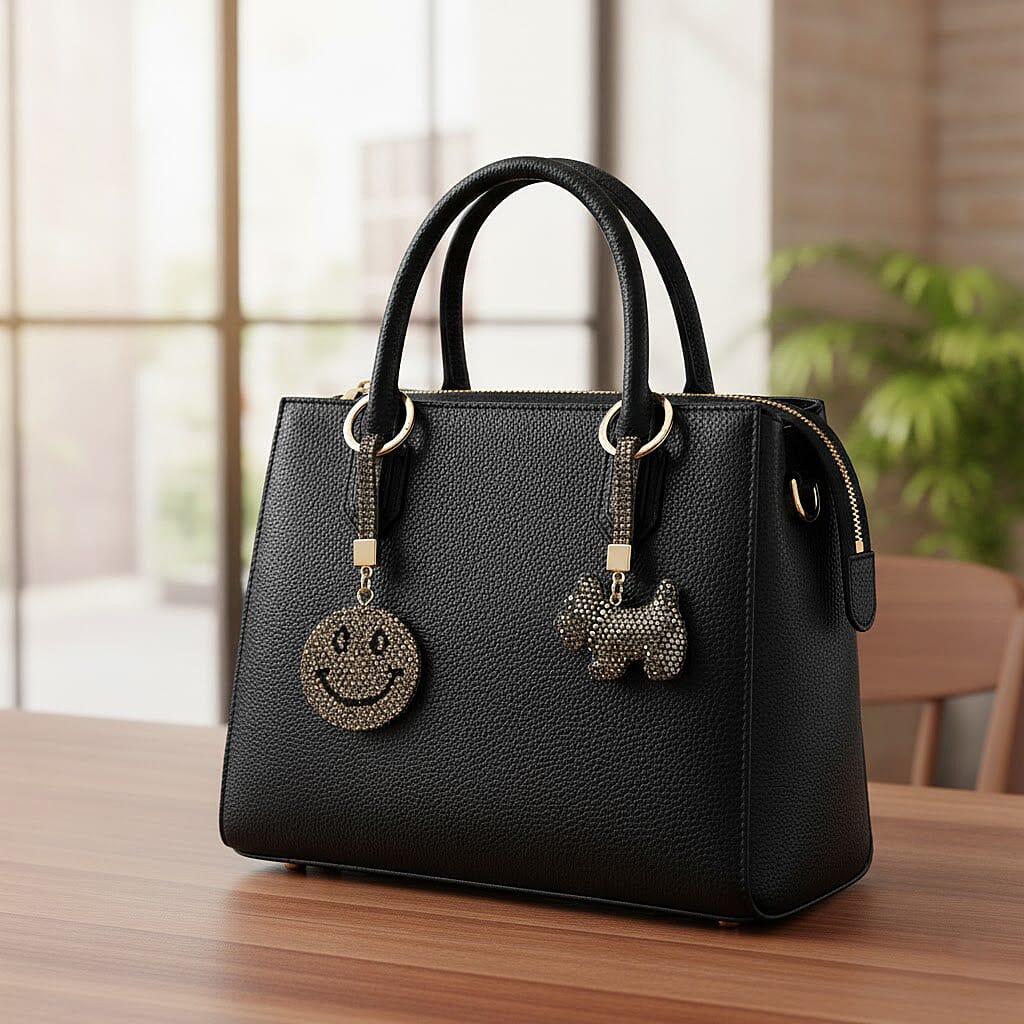 Designer Inspired - Set of 2 Sparkling Dog & Smiling Face Keychain-Bag Charm - Black