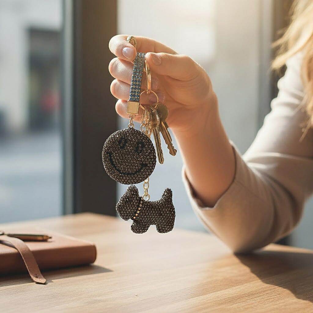 Designer Inspired - Set of 2 Sparkling Dog & Smiling Face Keychain-Bag Charm - Black