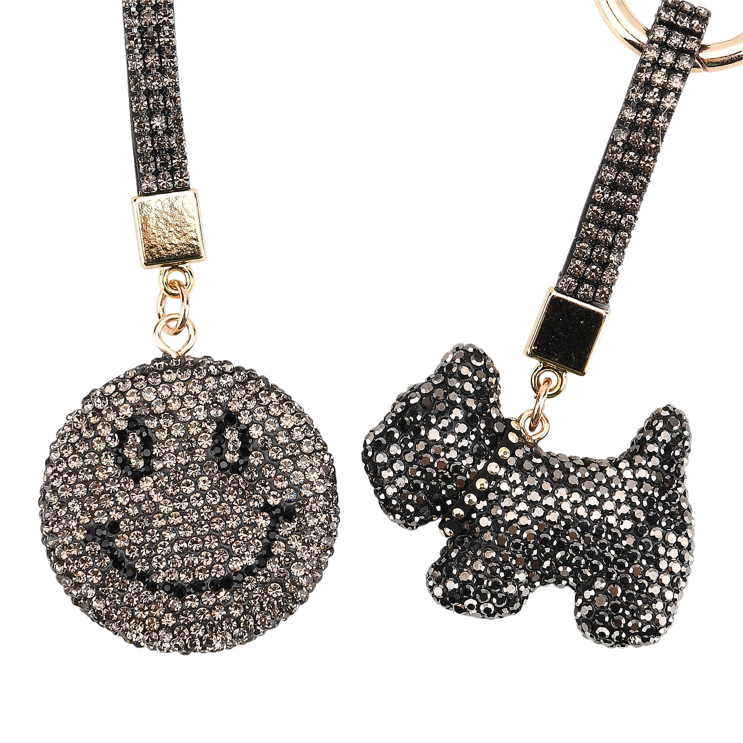 Designer Inspired - Set of 2 Sparkling Dog & Smiling Face Keychain-Bag Charm - Black