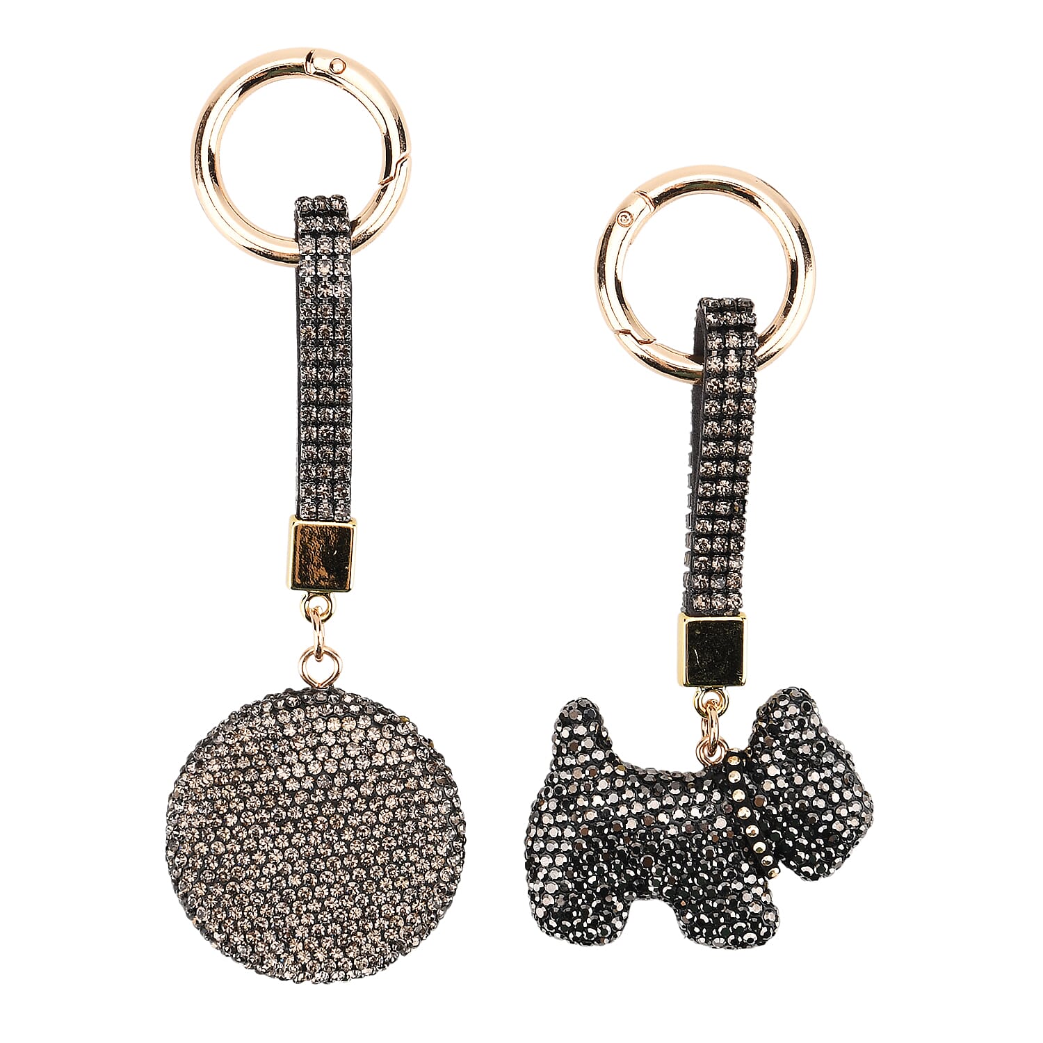 Designer Inspired - Set of 2 Sparkling Dog & Smiling Face Keychain-Bag Charm - Black