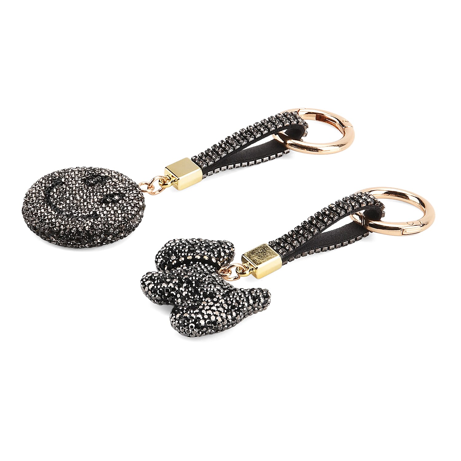Designer Inspired - Set of 2 Sparkling Dog & Smiling Face Keychain-Bag Charm - Black