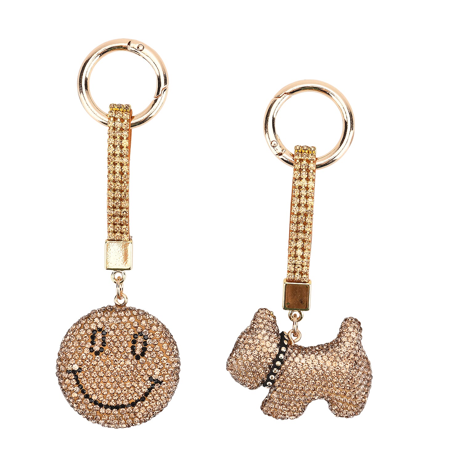 Designer Inspired - Set of 2 Sparkling Dog & Smiling Face Keychain-Bag Charm - Gold