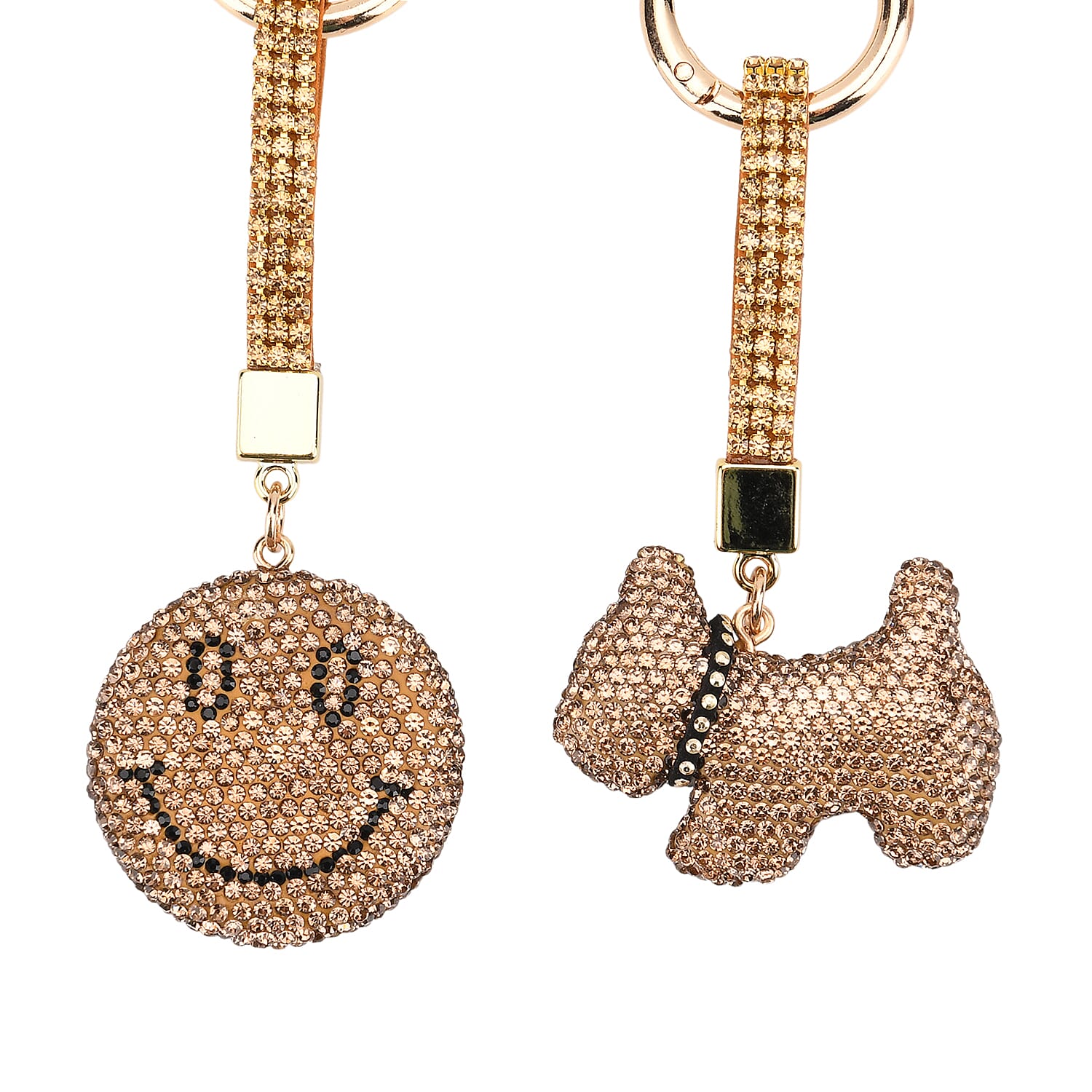 Designer Inspired - Set of 2 Sparkling Dog & Smiling Face Keychain-Bag Charm - Gold