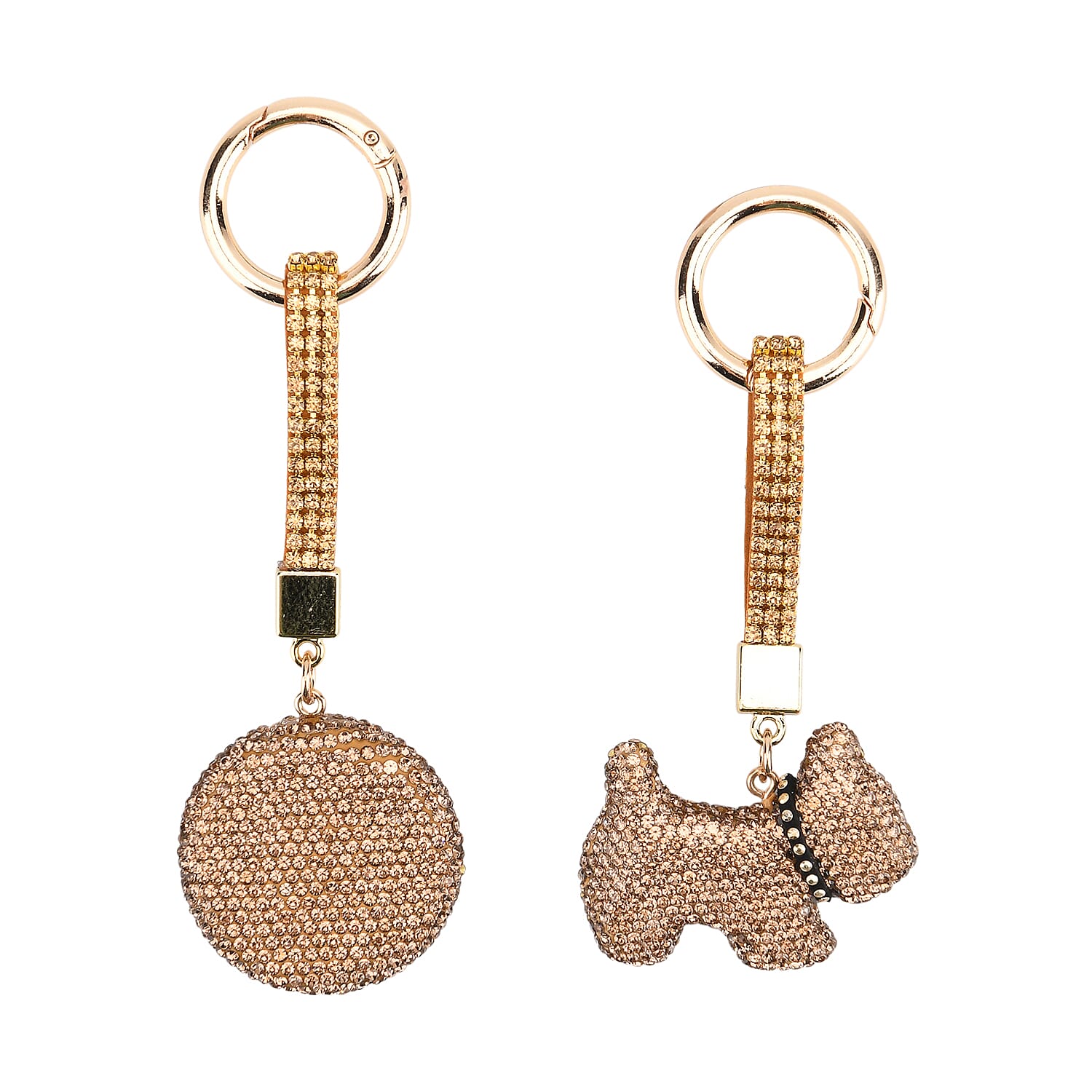 Designer Inspired - Set of 2 Sparkling Dog & Smiling Face Keychain-Bag Charm - Gold