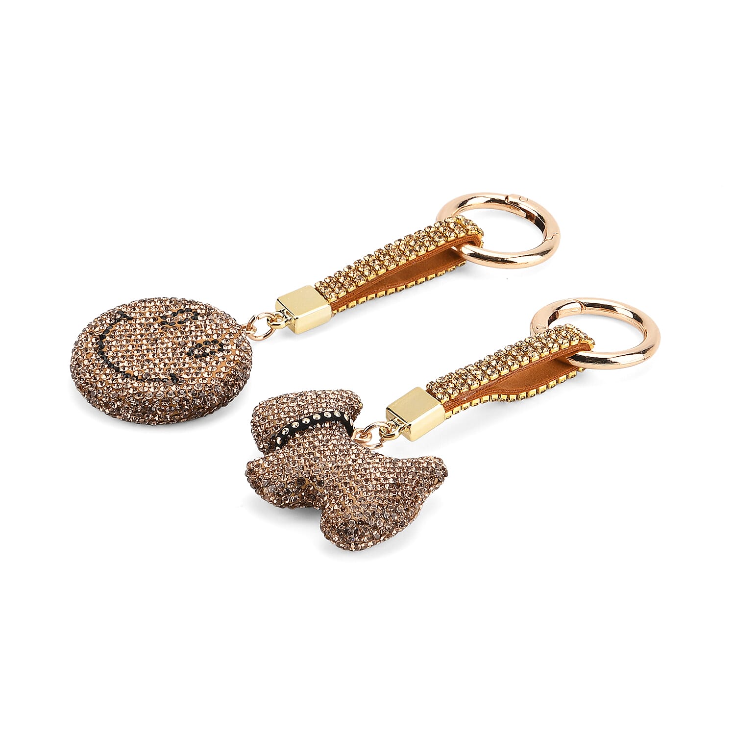 Designer Inspired - Set of 2 Sparkling Dog & Smiling Face Keychain-Bag Charm - Gold