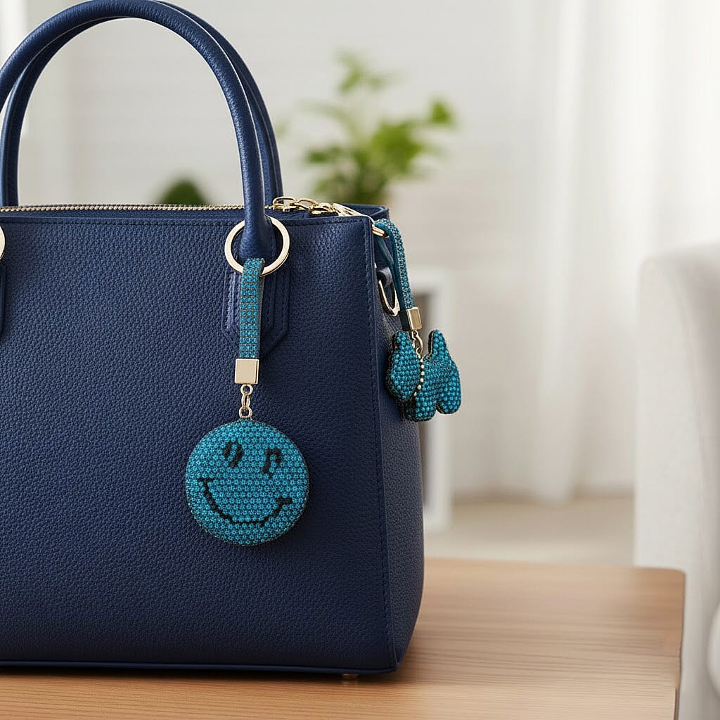 Designer Inspired - Set of 2 Sparkling Dog & Smiling Face Keychain-Bag Charm - Blue