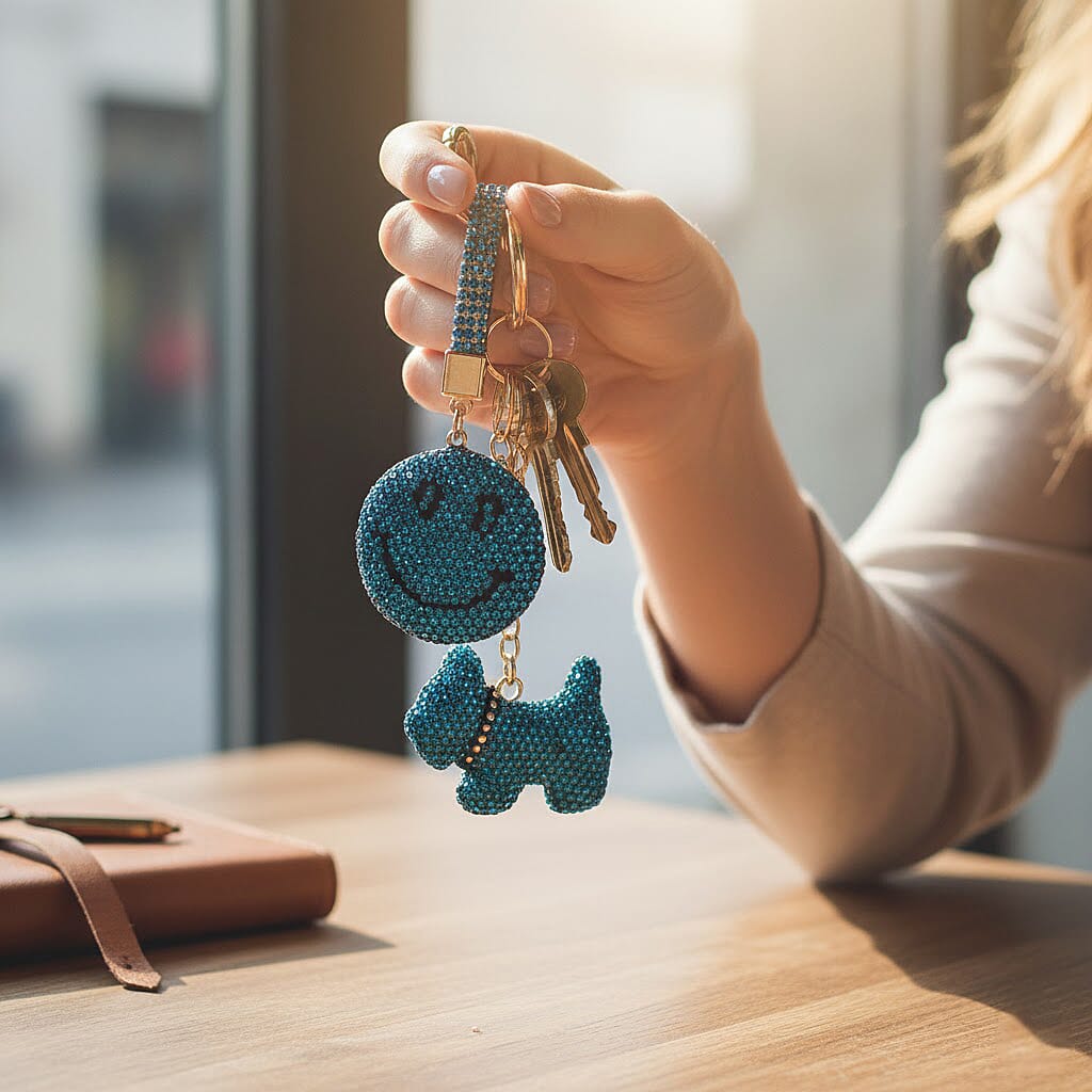 Designer Inspired - Set of 2 Sparkling Dog & Smiling Face Keychain-Bag Charm - Blue