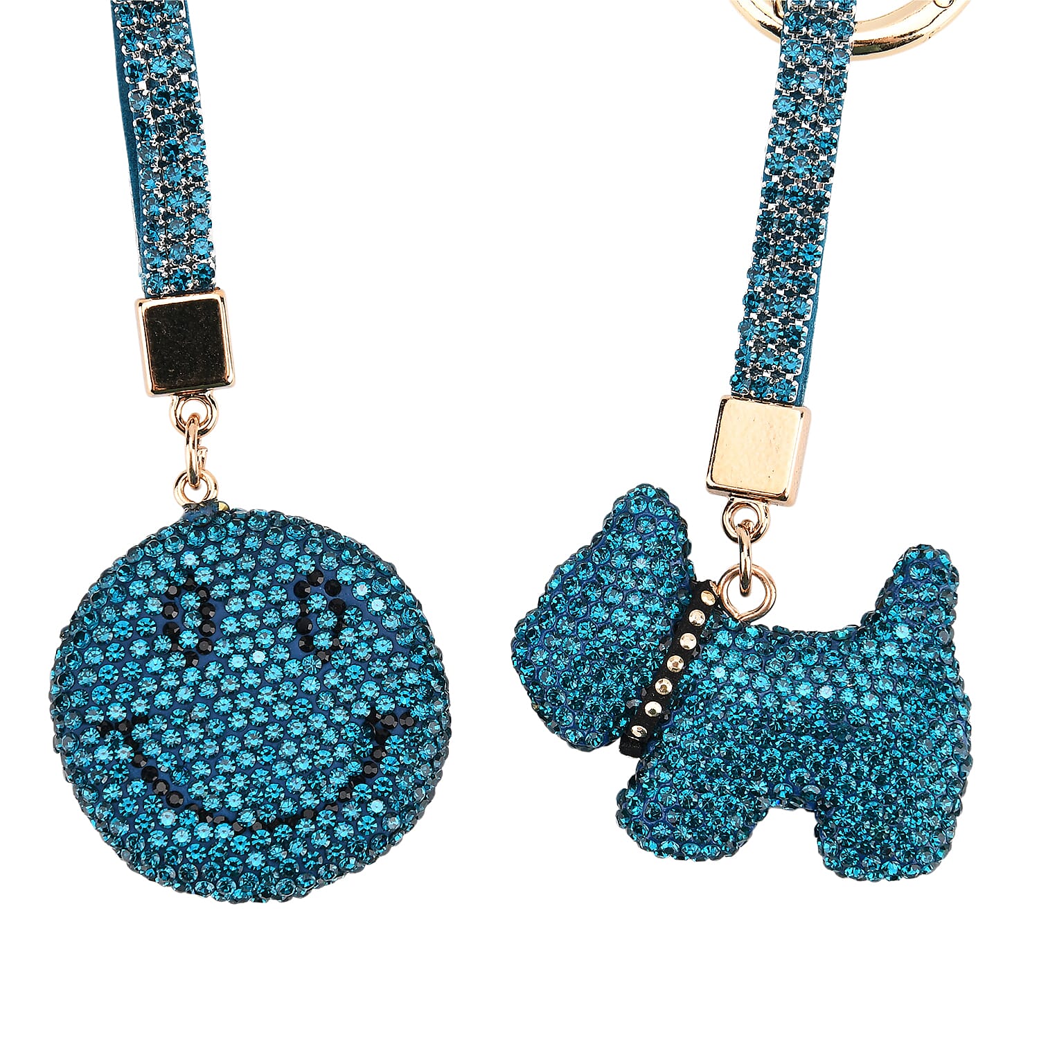 Designer Inspired - Set of 2 Sparkling Dog & Smiling Face Keychain-Bag Charm - Blue