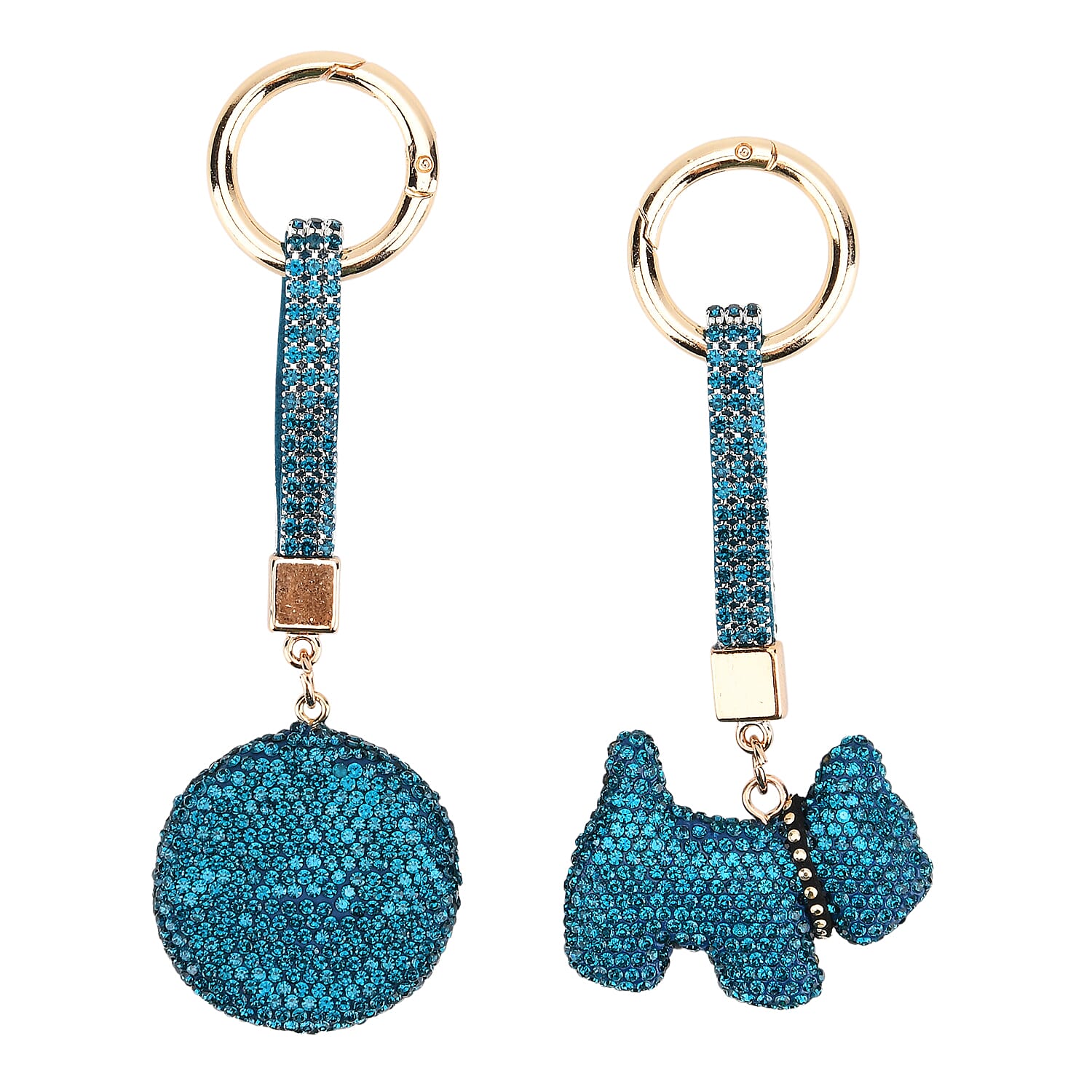 Designer Inspired - Set of 2 Sparkling Dog & Smiling Face Keychain-Bag Charm - Blue