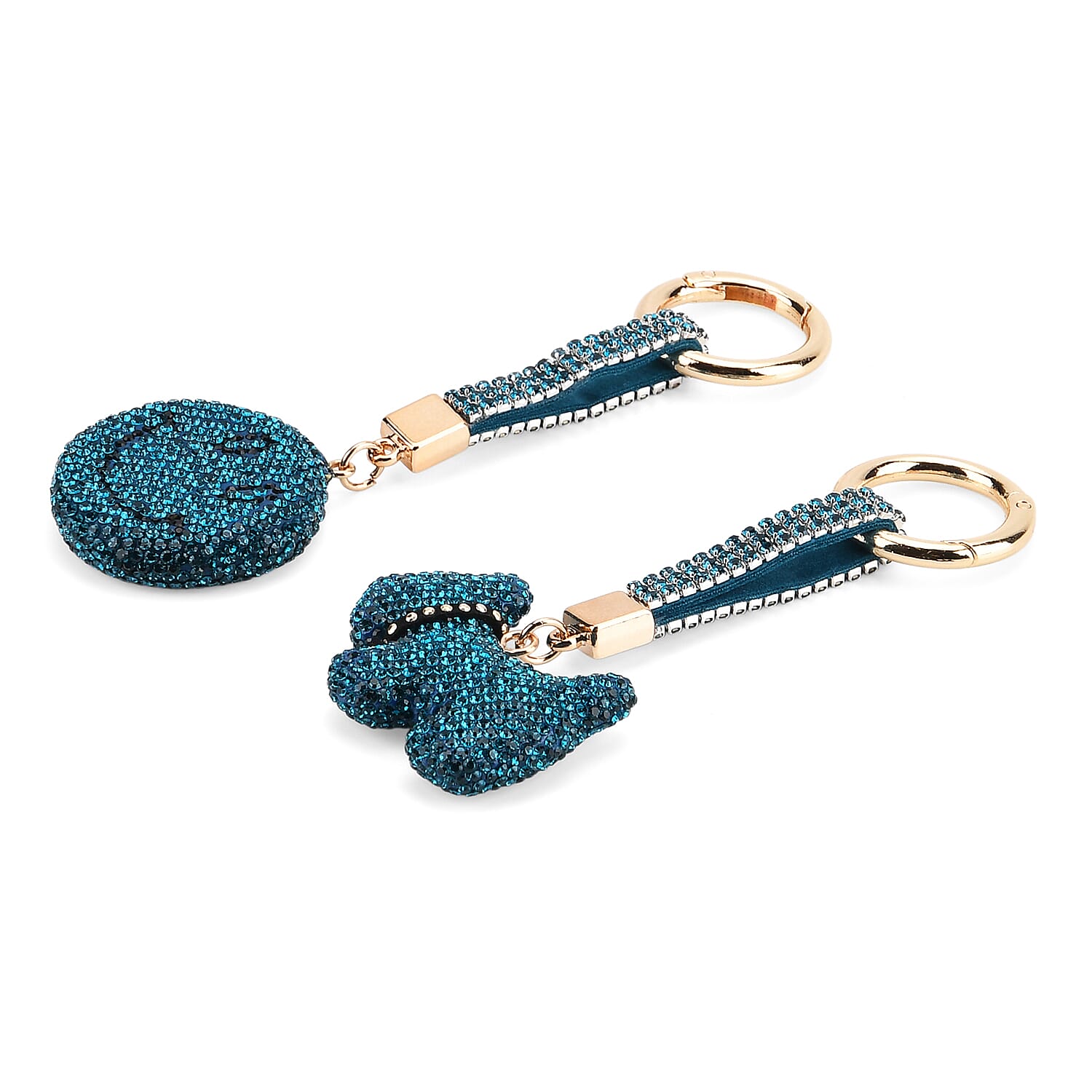Designer Inspired - Set of 2 Sparkling Dog & Smiling Face Keychain-Bag Charm - Blue